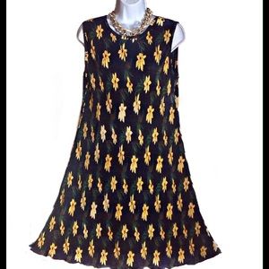 Dark Blue Pleated Fabric Dress with Yellow Flowers